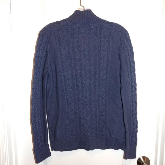 LL Bean Double L Cable Sweater Zip Front Cardigan Blue Medium Cotton Vtg Granny - Picture 3 of 5